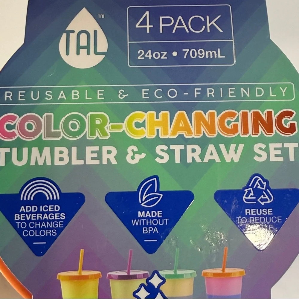 🆕 TAL 4pc Color Changing 24oz Glitter Tumbler Set w/ Straws